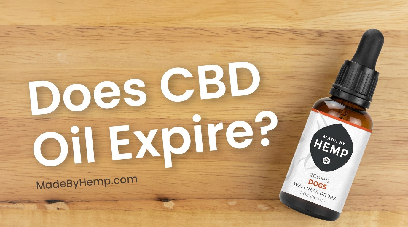 Made By Hemp CBD oil bottle on a wood table — does CBD oil expire?
