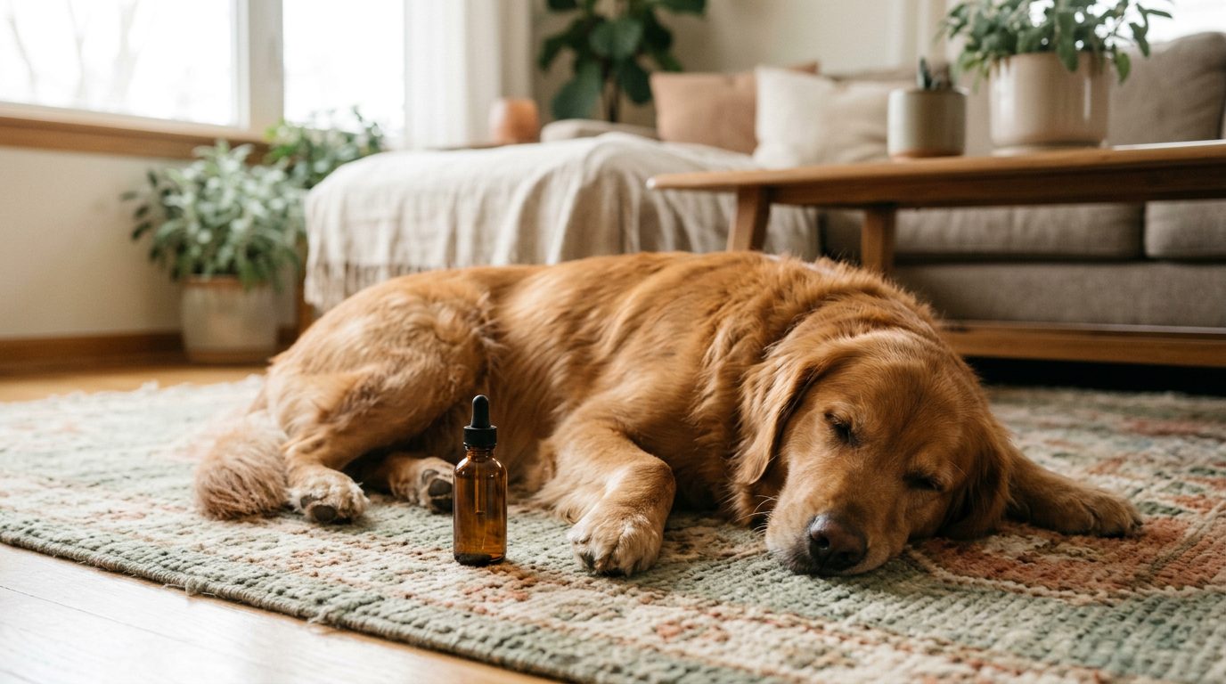 Relaxed golden retriever resting on a rug beside a bottle of Made By Hemp CBD oil for dogs