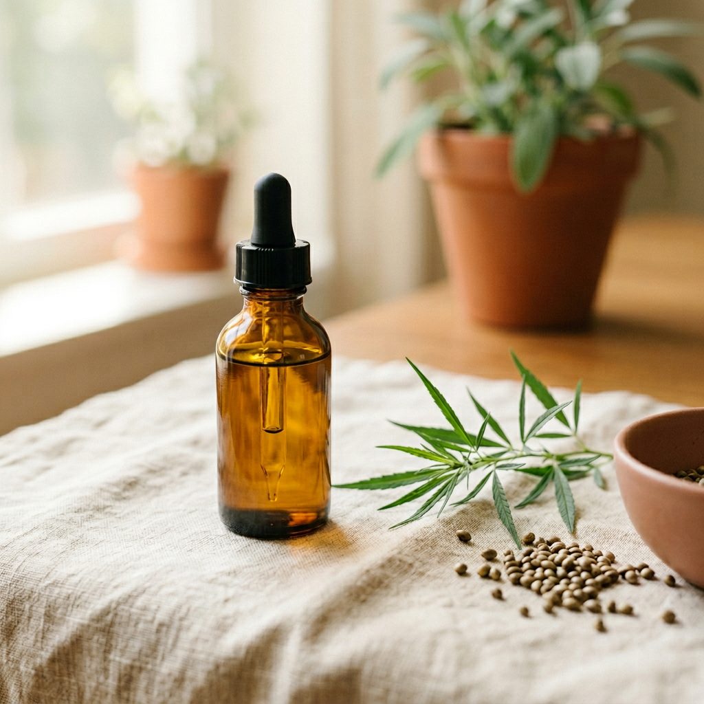 Amber glass dropper bottle of hemp extract oil with hemp seeds and a green hemp leaf on cream linen